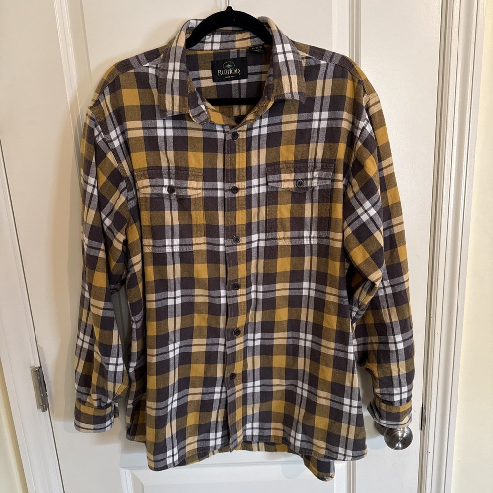 Red Head Shirt Mens XL Blue Brown Plaid Flannel Button Front Long Sleeve Casual